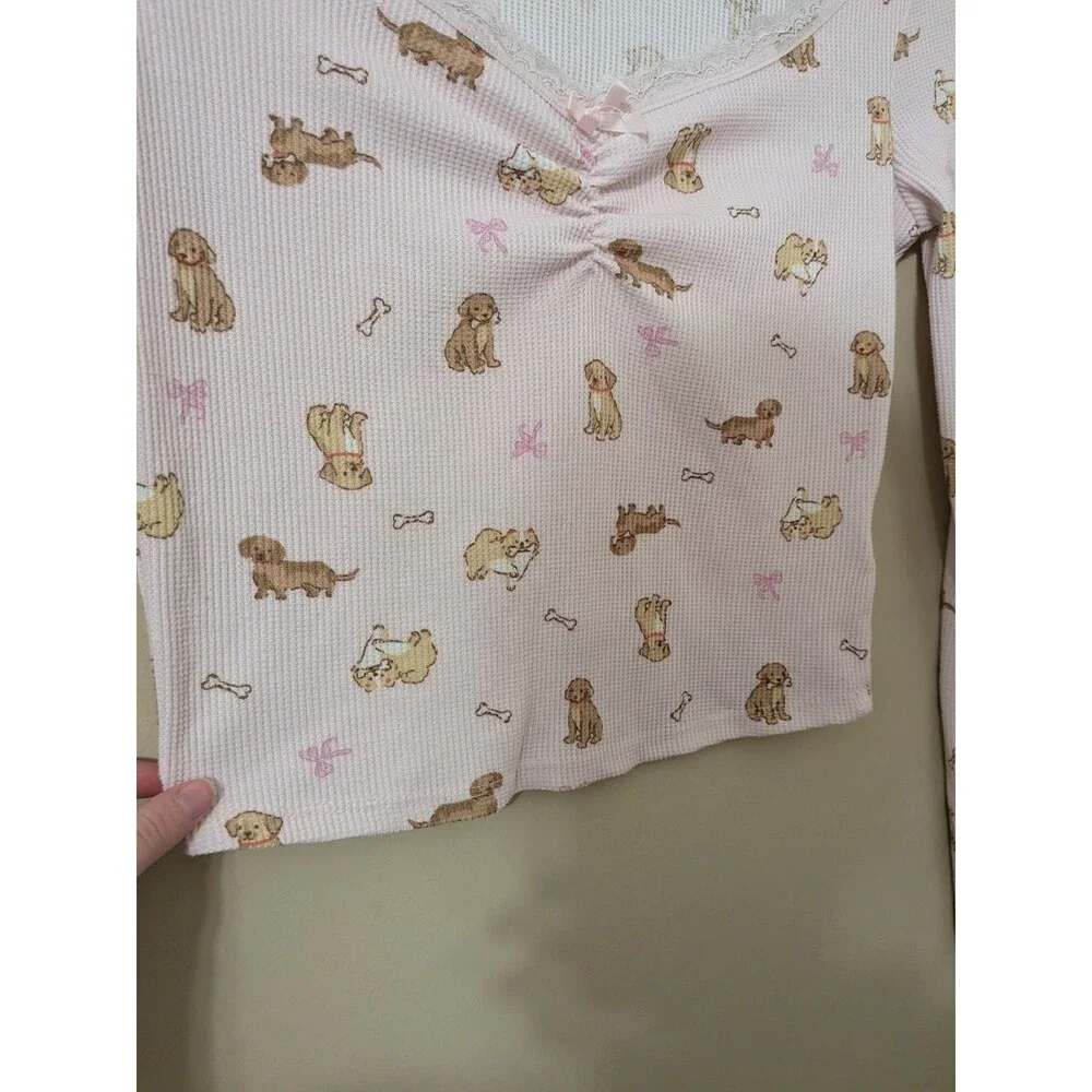 Pink Dog Print Pointelle Crop Top Lace Trim Girly Coquette Long Sleeve